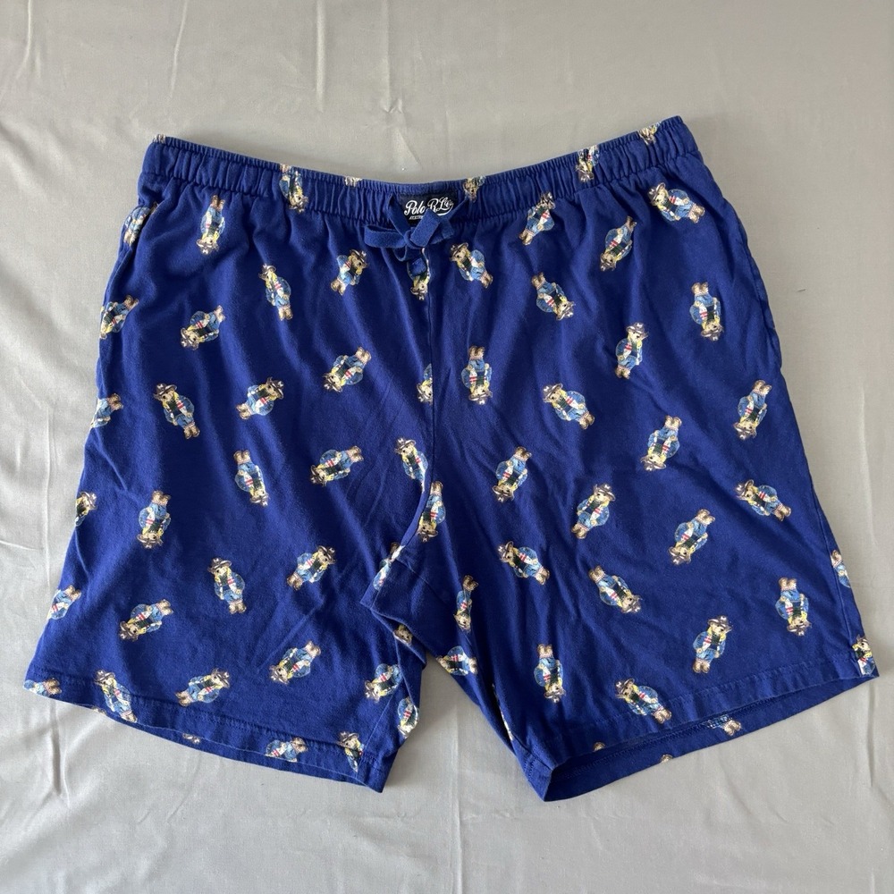 Polo Ralph Lauren Blue Polo Bear Logo Sleep Lounge Drawstring Shorts Mens XL AOP